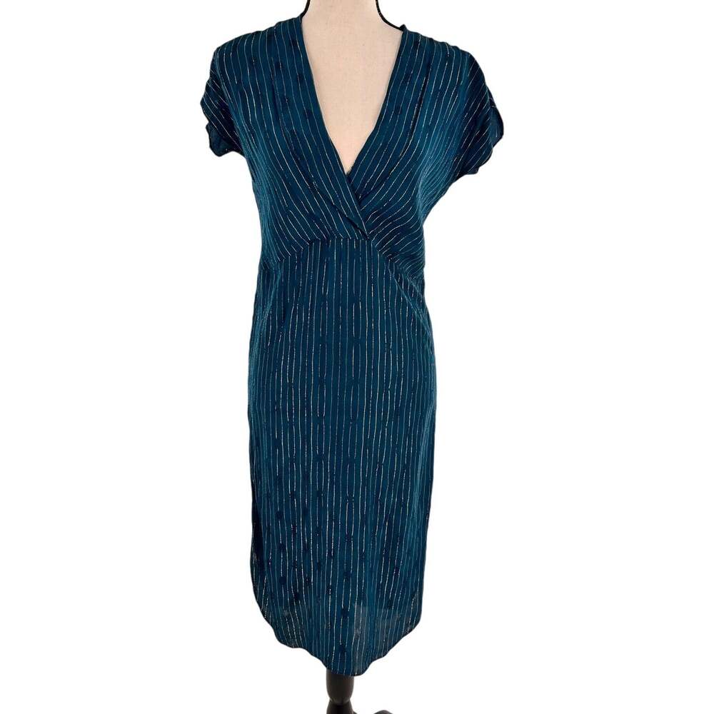 vintage women's surplice dress teal gold metallic v neck faux wrap size 4